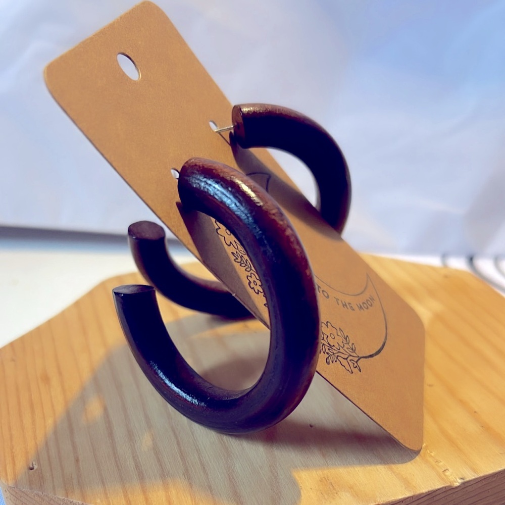 Brand new dark brown wooden hoop earrings
